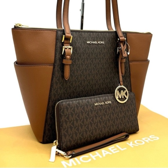 Michael Kors Large Charlotte Tote Bag & Continental Wallet Luggage Brown - Picture 3 of 13